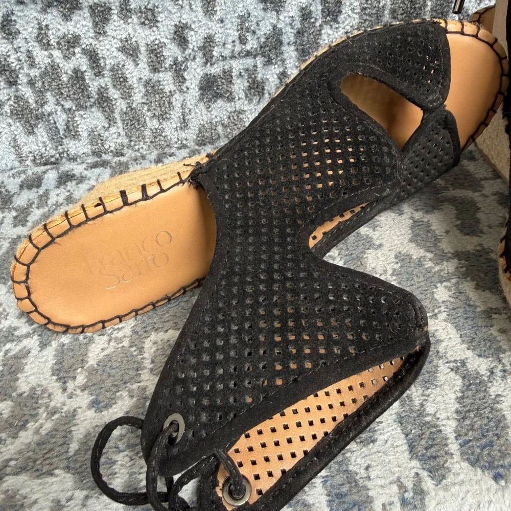 Franco Sarto Nash Black Perforated Leather Espadrille Wedge Sandals Womens 8.5M